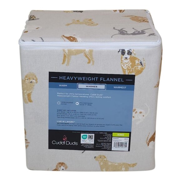 Cuddl Duds King Heavyweight Flannel Sheet Set Warmer Brushed Cotton Cozy Dog - Picture 3 of 8
